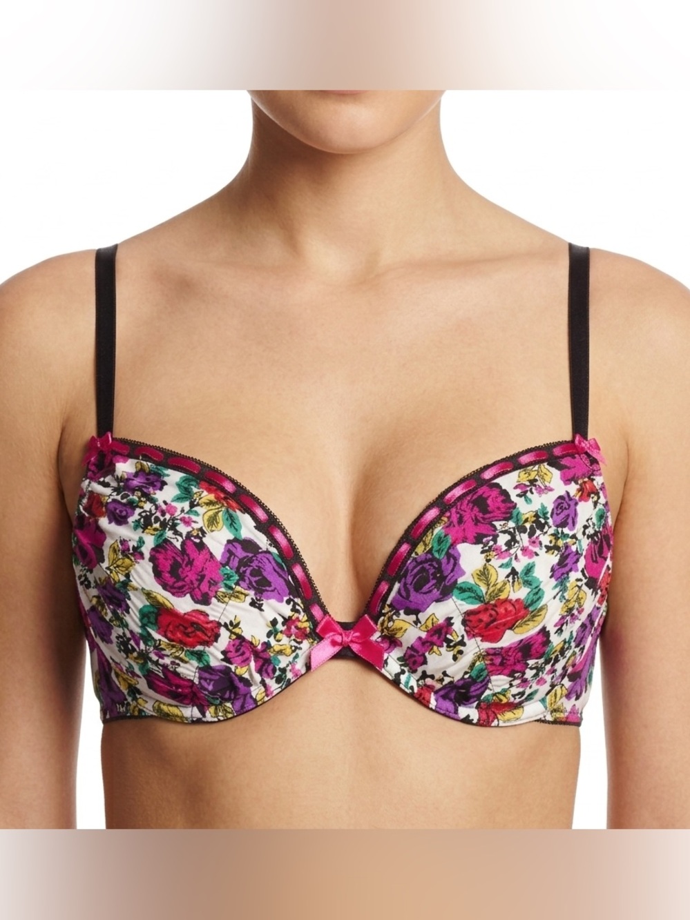 La Senza | Floral Underwire Push-Up Bra in White Pink Black Ruched Fabric
